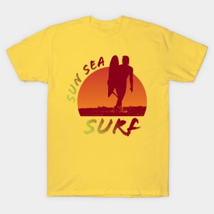 Sun Sea and Surf with surfer silhouette over sunset T-Shirt